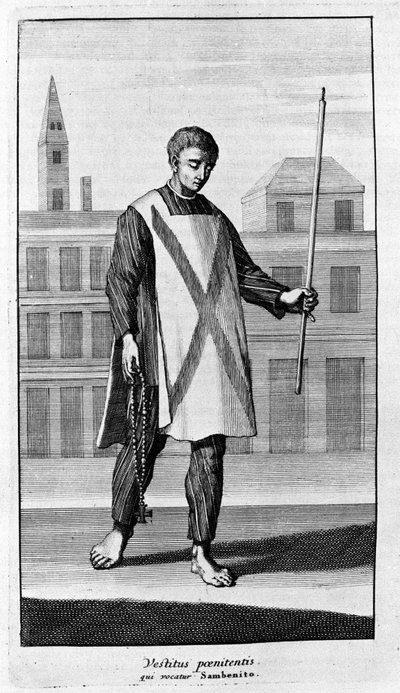 Inkvisisjon. Klær fra San Benito for prosesjonen til Autodafé. Gravering fra "History of Inquisition", Amsterdam 1692. av Unknown artist