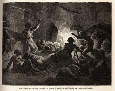 Inne i et Caribou Inn (Canada), ved midnatt, synger berusede fangstmenn og gruvearbeidere, og faller så til bakken eller sovner i et teppe. Gravering for å illustrere reisen fra Atlanterhavet til Stillehavet (route du nord ouest par les terres), i 1862-186 av Unknown artist