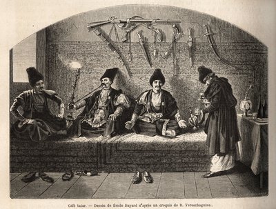 Inne på en tatarisk kafé i Schoucha (Transkaukasia, Russland), hvor menn møtes for å drikke te og røyke shisha. Gravering for å illustrere reisen i provinsene i Kaukasus, av Basile Vereschaguine, i 1864-1865, publisert i "" le tour du monde"", under av Unknown artist
