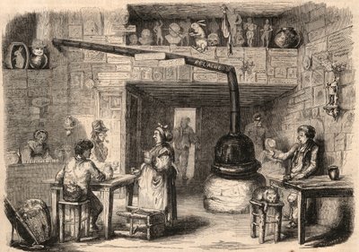 Inne i kabareten le Lapin Blanc (Rabbit-Blanc), rue aux feves i Paris før den ble revet. En taverna som dateres tilbake til monarkiets første tid. Gravering I "" Le Monde illustrious"" fra 1862. Privat samling. av Unknown artist