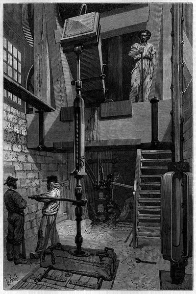 Installasjon av en bor for å oppdage en kullforekomst. Gravering i «Le journal de la jeunesse»» av Unknown artist