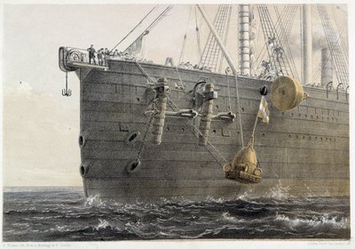 Installasjon av sjøkabel i 1858 (landemerkebøye) - i W. H. Russels "The Atlantic telegraph", ca 1860 av Unknown artist
