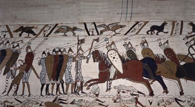 Intendant Wadard (til hest) og Guillaumes troppmenn - Bayeux-teppe, kjent som Broderi av Dronning Mathilde av Unknown artist