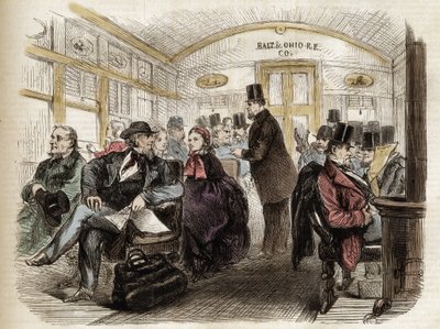Interiør av en vogn på Baltimore & Ohio Railroad, USA - 1861 - interiør av en amerikansk vogn i 1860 av Unknown artist