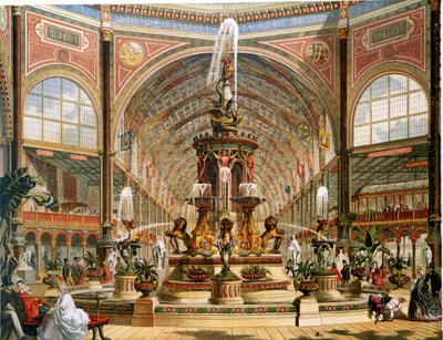 Interiør i Crystal Palace under den internasjonale utstillingen i 1862. Majolica-fontene av Minton. Kromolitografi. av Unknown artist