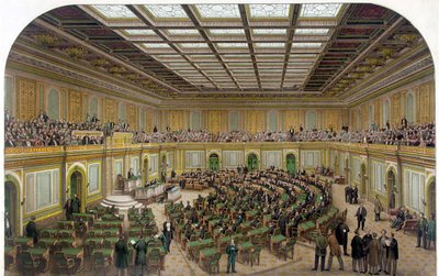 Interior view of the House of Representatives of US Capitol showing the Congress in session and the spectators in the gallery - Engraving 1866. av Unknown artist