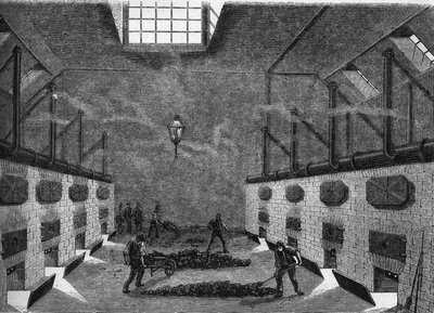 Innvendig visning av en gassfabrikk. Gravering fra 1860-1861. av Unknown artist