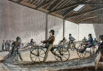 Innvendig visning av manesjen for hobbyhest. Man kjører sykler (pedalfrie sykler oppfunnet av baron Karl Drais av Unknown artist