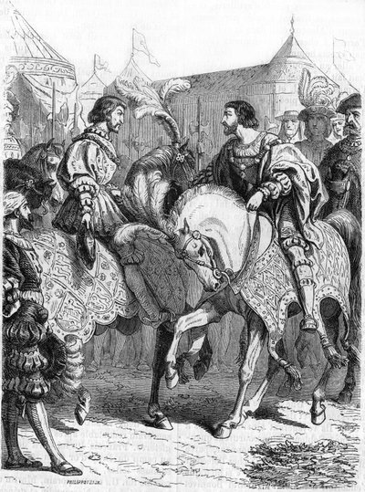Interview of Francois 1st and Henry VIII. Engraving of the 19th century. av Unknown artist