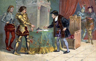 Interview of Louis XI (1423-1483), King of France and Charles the Bold, Duke of Burgundy, to Peronne in October 1468.Liebig chromolithography of the 19th century av Unknown artist