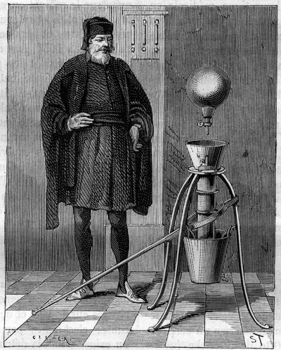 Invention: Pneumatic machine by Otto de Guericke (Otto de Guericke) (1602-1686), German inventor. Engraving in “” La Nature”” av Unknown artist
