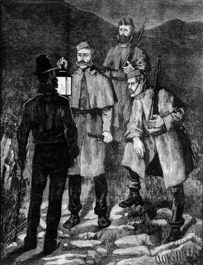 Irsk politipatrulje kontrollerer en mistenkt (1881). av Unknown artist