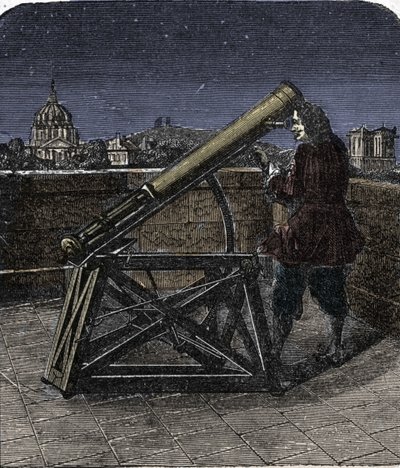 Isaac Newton (1642-1727) engelsk fysiker som bruker teleskopet sitt. av Unknown artist
