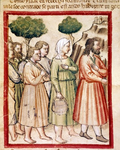 Isak og hans familie lider av hungersnød og emigrerer til landene til kong Abimelech Miniature fra codex 212 (eller padovano codice eller Bible of Padua) 1390-1400 Rovigo, Accademia dei Concordi av Unknown artist