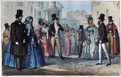 Italiensk mote på 1800-tallet - gravering fra "" Bruk og skikker til alle folkeslag i universet. Det vil si historien om regjeringen, lovene, militsen, om religionen til alle nasjoner fra de fjerneste tider til i dag "1856 av Unknown artist