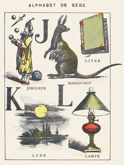 J K L: gjøgler, kenguru, bok, måne, lampe av Unknown artist