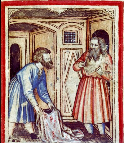 Jakob får vite om døden til sønnen Joseph, solgt av brødrene hans til egypternes miniatyr fra codex 212 (eller padovano codice eller Bible of Padua) 1390-1400 Rovigo, Accademia dei Concordi av Unknown artist