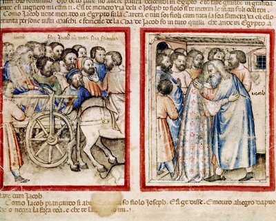 Jakobs avgang til Egypt og hans gjenforening med sønnen Joseph Miniature fra codex 212 (eller padovano codice eller Bible of Padua) 1390-1400 Rovigo, Accademia dei Concordi av Unknown artist
