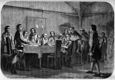 James Boswell (1740-1795) Scottish writer and lawyer, son of Lord Alexander Boswell received during a meeting at a meal given by Pascal (Pasquale) Paoli. In “” Pasquale Paoli ossia la rotta di Pontenuovo””” by F.D. Guerrazzi. 1872. av Unknown artist