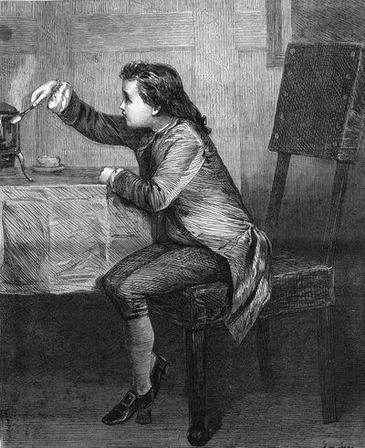 James Watt (1736-1819) child discovering the laws of steam.Engraving of 1868 according to the painting by Marcus Stone. av Unknown artist