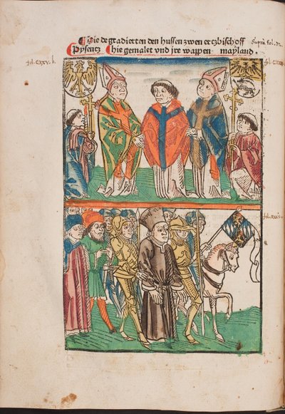 Jan Hus (1365-1415) livre au pouvoir seculier - Jan Hus overgitt til den sekulære makten (Illustrasjon fra Richentalens illustrerte kronikk), Anonym . Akvarell og blekk på papir av Unknown artist