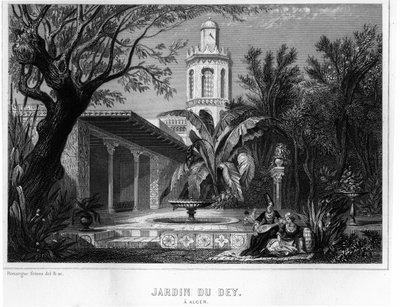 Jardin du dey i Alger, som ligger i det befestede distriktet til Kasbah (casbah), hovedresidensen til generalsjefen for den franske hæren i 1830 - I "" L