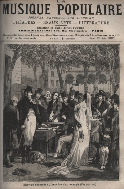 Jean Elleviou, fransk sanger, komiker og librettist (1769-1842) sang til fordel for en blind mann i 1801 på Champs-Elysees - gravering i "La musique populaire"" uketidsskrift berømt - 1882 av Unknown artist