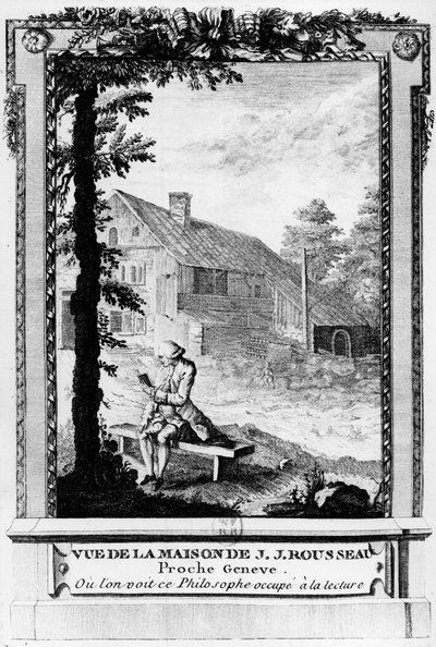 Jean Jacques Rousseau (1712-1778), fransktalende Genève-forfatter og filosof; sett fra huset hans (nær Genève). av Unknown artist