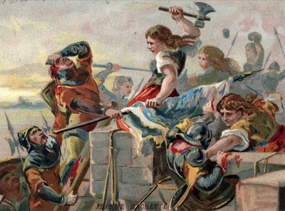 Jeanne Laisne kalte Jeanne Hachette (født 1454), figur av den franske motstanden mot Charles the Temeraire, under beleiringen av byen Beauvais av Unknown artist
