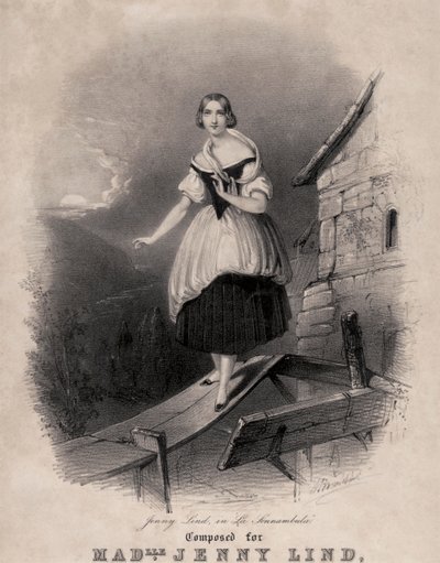 Jenny Lind, svensk sopran, i søvngjengerscenen til Bellinis La sonnambula av Unknown