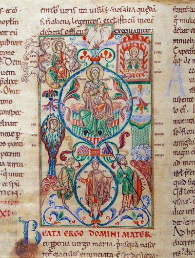 Jesse treet omgir symboler på jomfruelighet The Virgin er designet med navnet bysantinsk av Theotokos. Miniatyr hentet fra "Lectiaire de Citeaux"" Dijon fra 1100-tallet, kommunalt bibliotek av Unknown artist