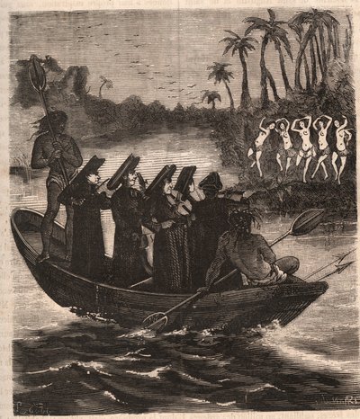 Jesuit missionaries arrive by boat among the Guarani Indians in Paraguay in 1553 - Engraving of 1879 in “History of Secrete, Political and Religious Societes” by Pierre Zaccone (1817-1895) av Unknown artist