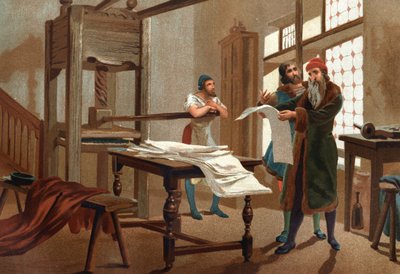 Johannes Gutenberg (1400-1468), tysk boktrykker, trykker det første arket i Bibelen. etter kjente menn og kvinner. Barcelona 1877. av Unknown artist
