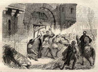 John II Comnenus, Byzantine emperor - The Emperor John II Comnene (1087-1143) at the head of the Greeks driving the door of his Palace in Constantinople - engraving in “” Illustrous Popular Dictionary”” - 1864 - by Joseph Decembre and Edmond Allonier - av Unknown artist