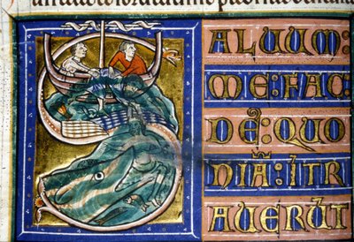 Jonas blir kastet i havet og fortært av en enorm fisk. 1300-talls manuskript. Kommunal Bibl. av Vercelli. av Unknown artist
