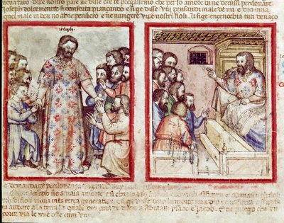 Joseph alvorlig syk i en alder av 110 tilgir brødrene sine som kaster seg ned for ham Miniatyr fra codex 212 (eller padovano codice eller Bible of Padua) 1390-1400 Rovigo, Accademia dei Concordi av Unknown artist