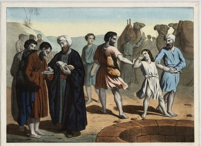 Patriarken Josef, solgt av sine ti sjalu brødre som ønsker å få ham til å forsvinne. Anonym gravering fra 1800-tallet. av Unknown artist