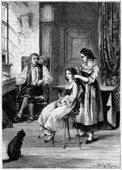 Josue Heilmann (1796-1848), en fransk oppfinner, observerer døtrene hennes gre håret. Han iførte seg i denne scenen for å lage den mekaniske kammen i 1843. Gravering i "" La Nature: revue des sciences et de ses applications aux arts et a l