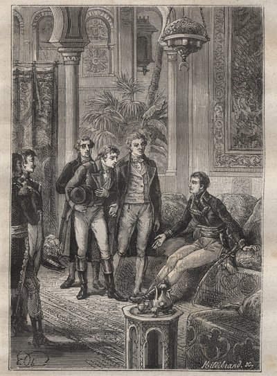Reise (1798) av Frederic Conrad (Konrad) Hornemann (1772-1801) til Fezzan (Libya): Hornemann blir ønsket velkommen av Bonaparte i Kairo (Egypt) - illustrasjon fra "The Great Mariners of the 18th century"" av Unknown artist