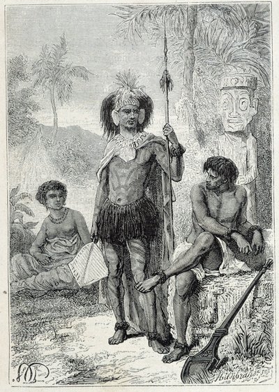 Journey of Captain James Cook (1728-1779): innfødte på Marquesas-øyene - illustrasjon hentet fra "The Great Mariners of the 18th century"" av Unknown artist