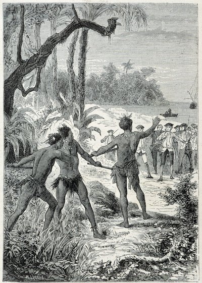 Reisen til kaptein James Cook (1728-1779) til New Guinee: det første møtet med de innfødte, illustrasjon hentet fra "The Great Mariners of the 18th century"" av Unknown artist