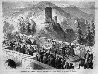 Reisen til keiser Napoleon III (1808-1873) og hans kone Eugenie de Montijo (1826-1920) til Savoy: her passasjen til klippen mellom Annecy og Thonon, etter annekteringen av greven av Savoy (Torino-traktaten i mars). Gravering fra "" Le monde illust av Unknown artist