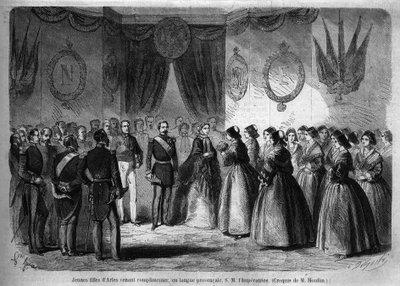 Journey of Emperor Napoleon III (1808-1873) and his wife Eugenie de Montijo (1826-1920) to the Duch of Savoy following the annexation of the Count of Savoy (March Turin Treaty): here the imperial couple visiting Arles meet young girls from the region. Engr av Unknown artist