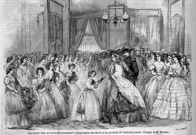 Reise til keiser Napoleon III (1808-1873) og hans kone Eugenie de Montijo (1826-1920) til hertugen av Savoy etter annekteringen av greven av Savoy (Mars Torino-traktaten): her møter det keiserlige paret som besøker Grenoble unge jenter som kom for å presen av Unknown artist