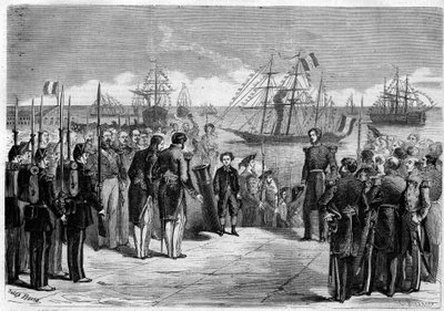 Journey of His Majesty the Imperial Prince Napoleon Eugene Louis Jean Joseph Bonaparte (1856-1879), son of Napoleon III, to Cherbourg, France: the prince on board the yacht “Queen Hortense””. Engraving in “” The Illustrious Universe”” av Unknown artist