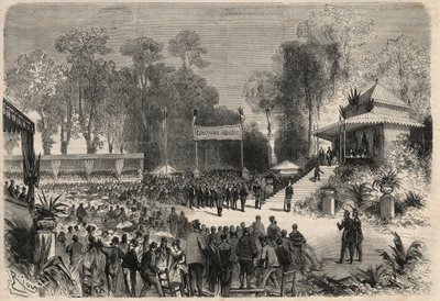 Reisen til Napoleon III (1808-1883) og imponen Eugenie de Montijo (1826-1920) til Rouen: utdeling av priser ved landbrukskonkurransen. Gravering i "" L'Univers illustrious"" av Unknown artist