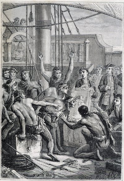 Reisen til Samuel Wallis (1728-1795) til Polynesia: urfolks etonnes ved et speil - illustrasjon hentet fra "The Great Mariners of the 18th century" av Unknown artist