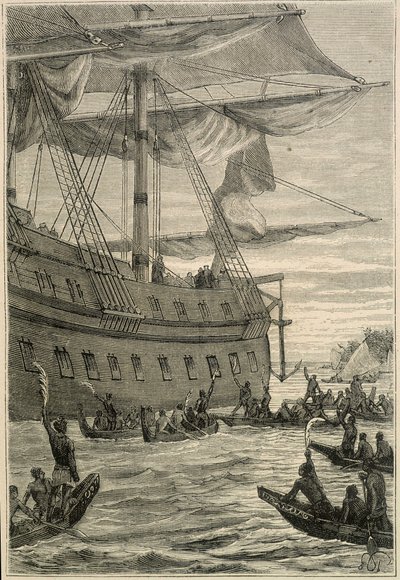 Reisen til Samuel Wallis (1728-1795) til Polynesia: urbefolkning som holder banangrener i hånden som en velkomsthilsen - illustrasjon fra "The Great Mariners of the 18th century"" av Unknown artist
