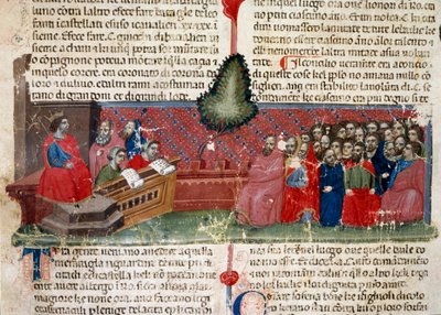 Jules Cesar (101-44 f.Kr.) på tronen Detalj av en manuskriptside "" Facts of the Romans"" (Ms 1538) ca. 1340 Firenze, Biblioteca Riccardiana av Unknown artist