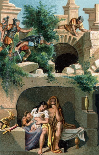 Julius Sabinus (Gauls of the Lingons people) and his wife Eponine remain hiding for nine years with their children in an underground and then discovered, they are taken to Rome along with his two twin sons. Late chromolithography of the 19th century. av Unknown artist